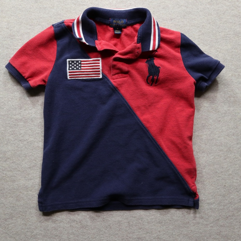 Polo Ralph Lauren Shirt Size 5 Colorblock Modern Big Pony American Flag Patch